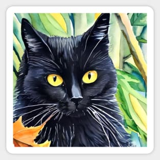 Beautiful black cat in the woods watercolor. Sticker